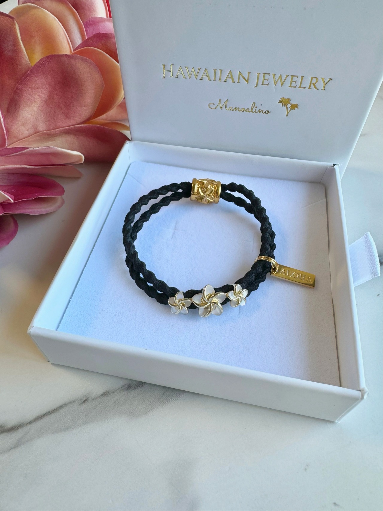 【3color】Plumeria Shell hair accessory Hawaiian jewelry(ハワイアンジュエリー3連マザーオブパールプルメリアヘアゴム)