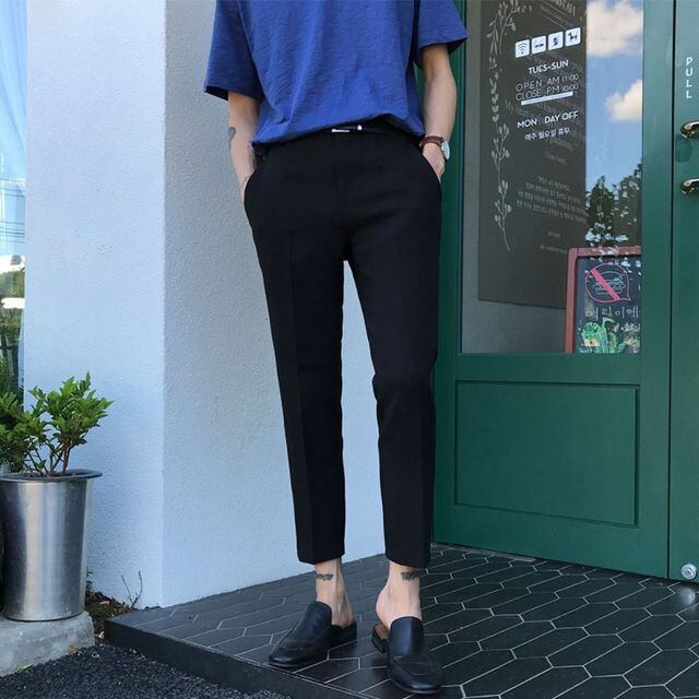 【予約販売】スリムパンツ メンズ シンプル ブラック スラックス ボトムス きれいめ スタイリッシュ こなれ感 お洒落 結婚式 二次会 韓国 トレンド 春 夏 秋 S/M/L/XL/2XL/3XL