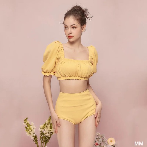 女性用半袖水着,黄色,ハイウエスト,ビーチウェア,プール,セクシー,韓国語,2024 韓国系水着 セパレート水着 ワンピース水着 T240626155937_01