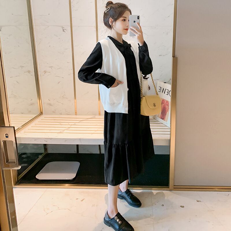 【新作】【送料無料】 マタニティウェア2020秋冬の新しいボウネックミドル丈ドレス+ニットベストツーピース妊婦-アリババ リボン オータム 秋物 ウィンター 冬物 expec217302176595