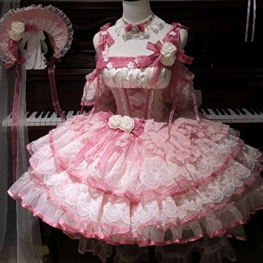 ロリータファッション 甘ロリ ピンク 薔薇リボンフリルドレス