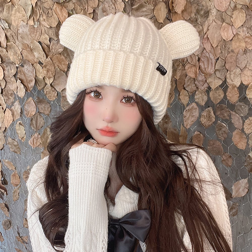 クマミミ ニット帽 レディース 秋冬 韓国 帽子 熊耳 防寒 保温 大人