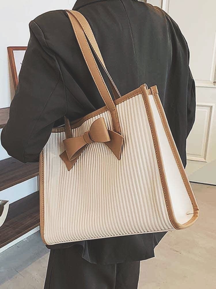 リボンポイントスクエアトートバッグ きれいめ 通勤 オフィス バイカラー 大きいサイズ 韓国 CH5145