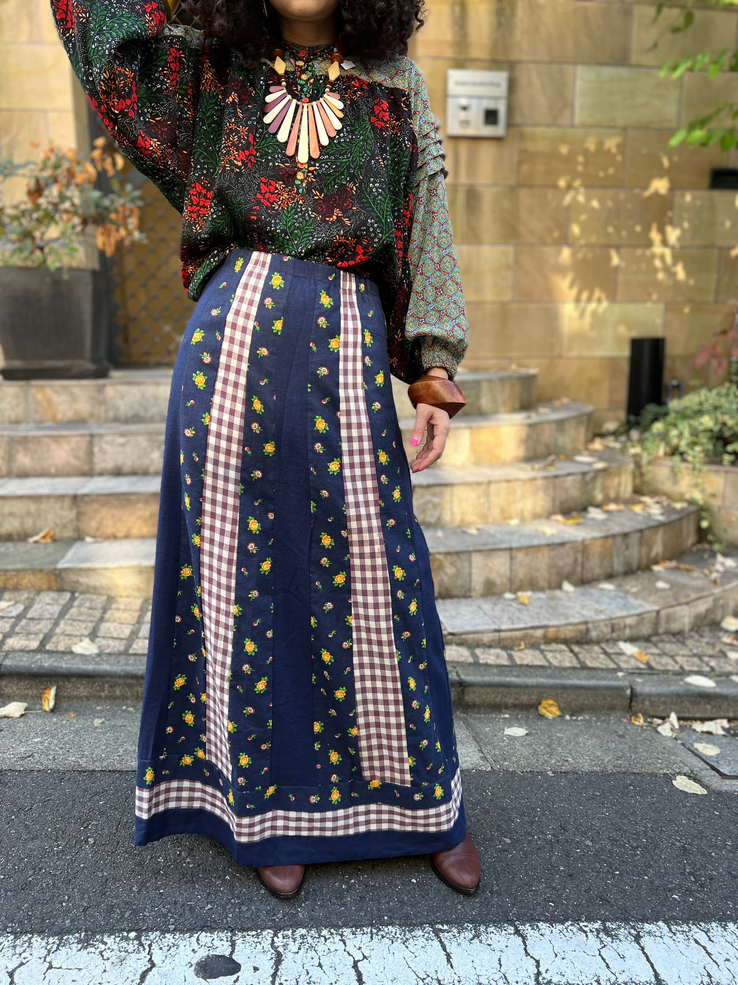 70s handmade navy floral × gingham check cotton long skirt