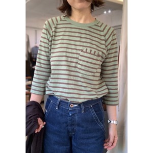 Simva114-0050B-GB W-Pocket Border 6分袖 Crew Neck 30/-