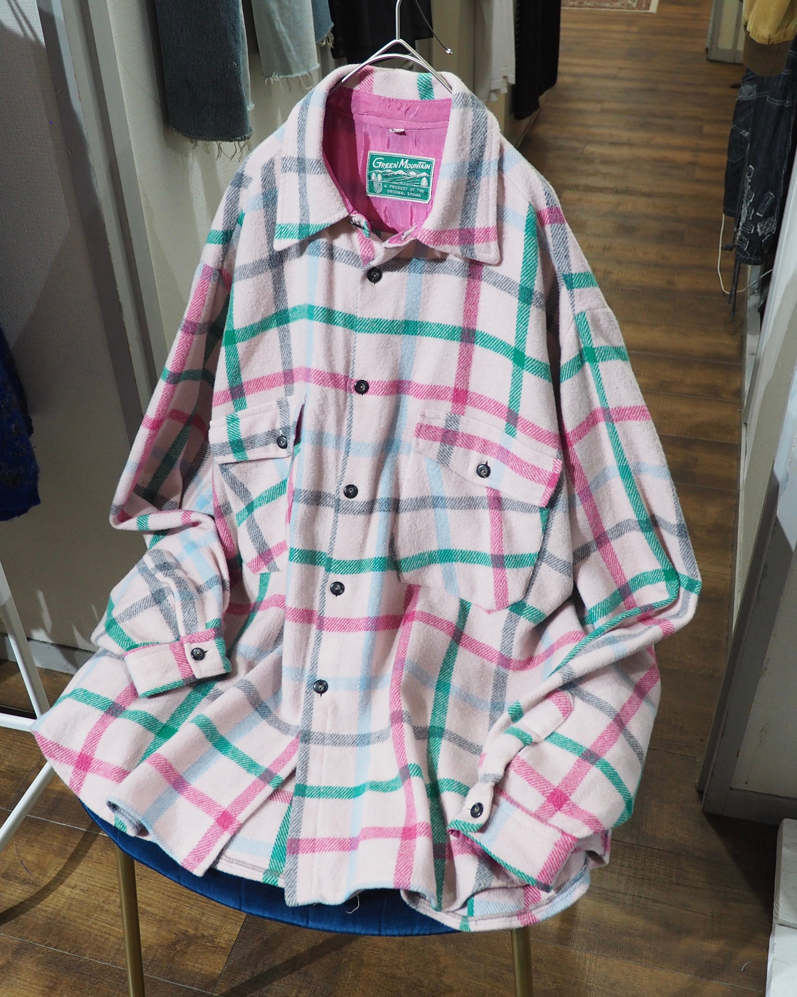 1980s " Green Mountain " Pale Pink Check Pattern Vintage Loose Flannel Shirt