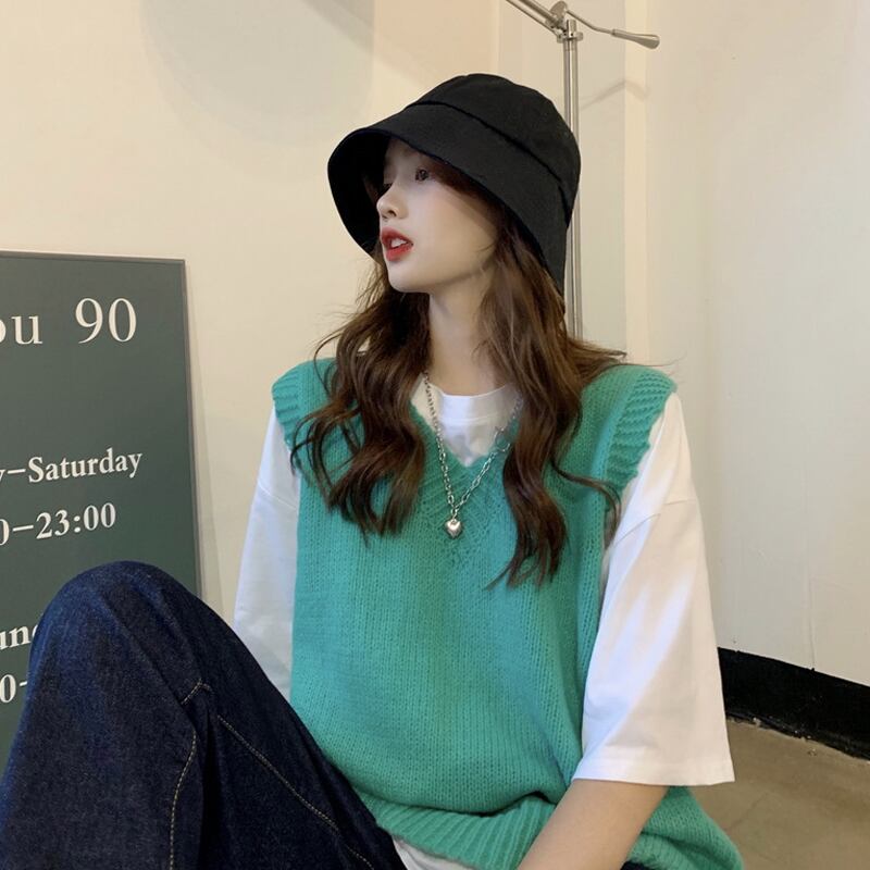 スプリングスタイルルーズVネックニットノースリーブトップス 春物 試着室55158919954