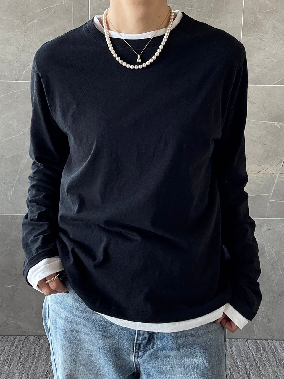 レイヤードセットプルオーバー ブラック 【 Cotton 素材 】