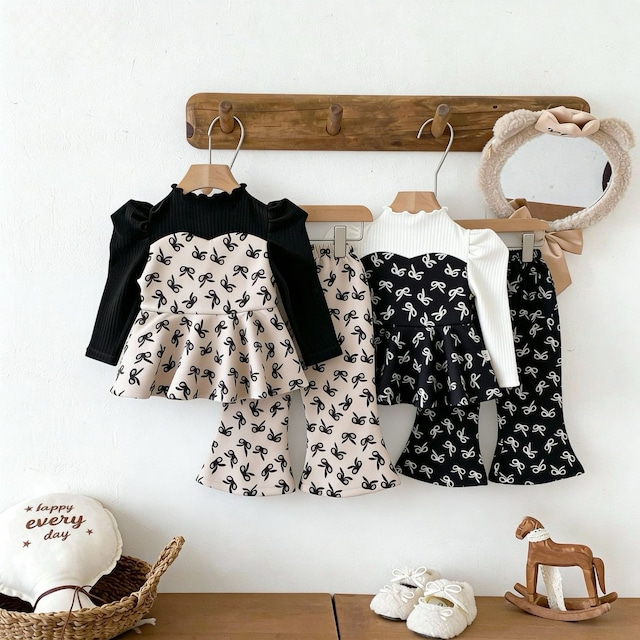 ベビー＆キッズ　春新作  リボン付き テーラードカラー フレアパンツ セット​