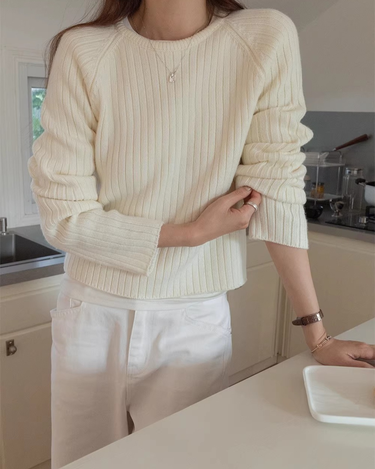 Long Sleeve Ribbed Knit Crew Neck Pullover L0034