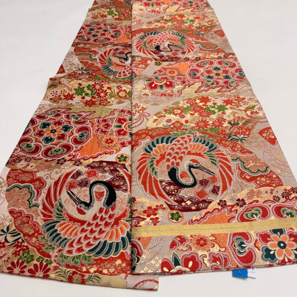 中古 丸帯 正絹 草花 全通柄 ゴールド Bランク 390cm 6261