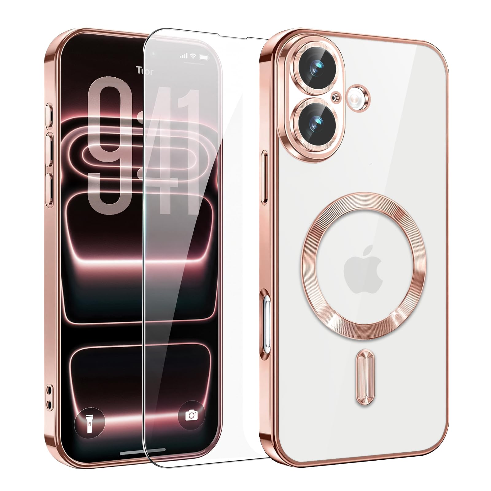 Lukecasel iPhone 17 用マグネットケース、【強化ガラスフィルム & カメラレンズ保護付き】、クリアマグネットラグジュアリープレーティングケース、MagSafe対応、傷つけ防止 スマホカバー (ピンク)