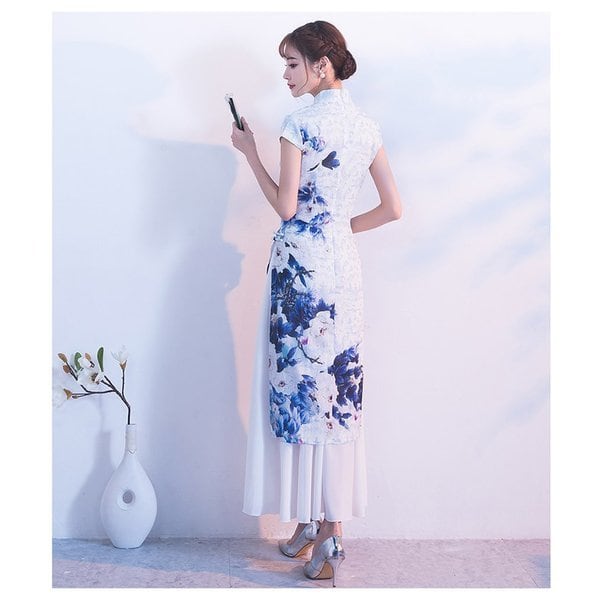 アオザイ ベトナム エスニック風 美ライン 花柄 リゾート 母の日 ブルー 大きいサイズ M L LL 3L elegant