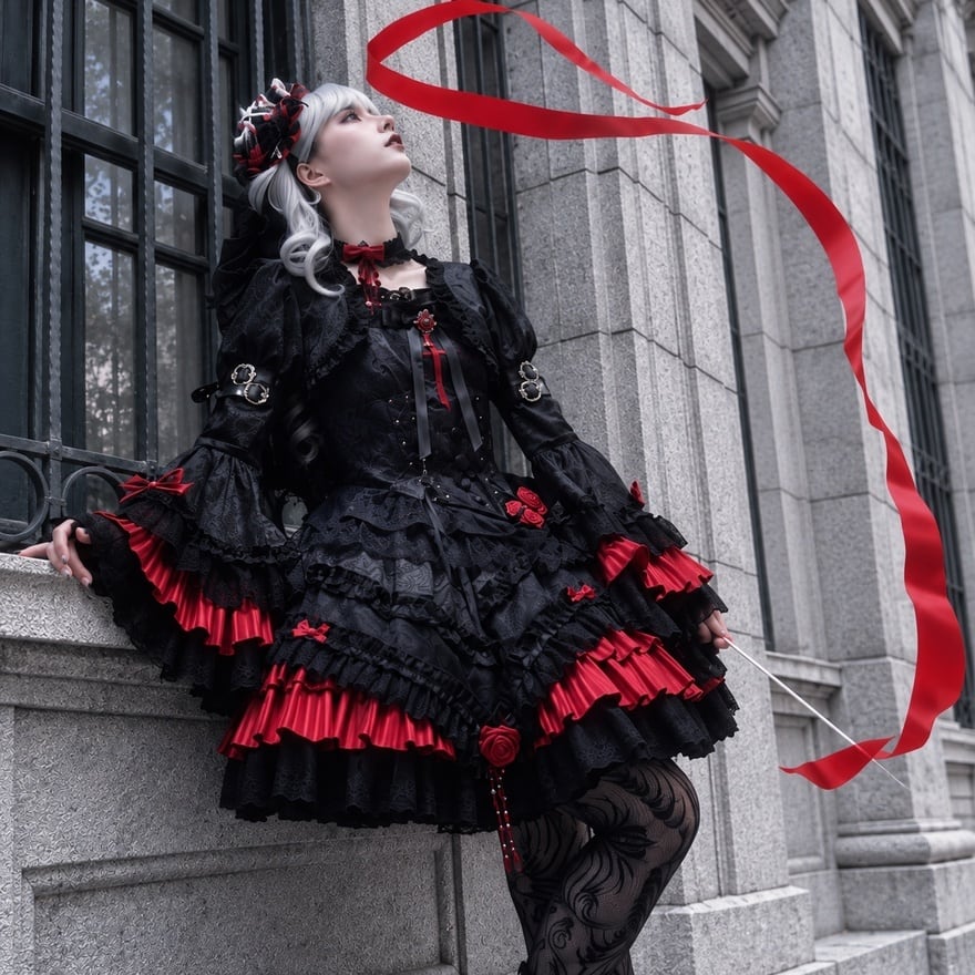 血宴の黒薔薇 赤フリルと十字架のゴスロリJSK＆ショートジャケット3点
