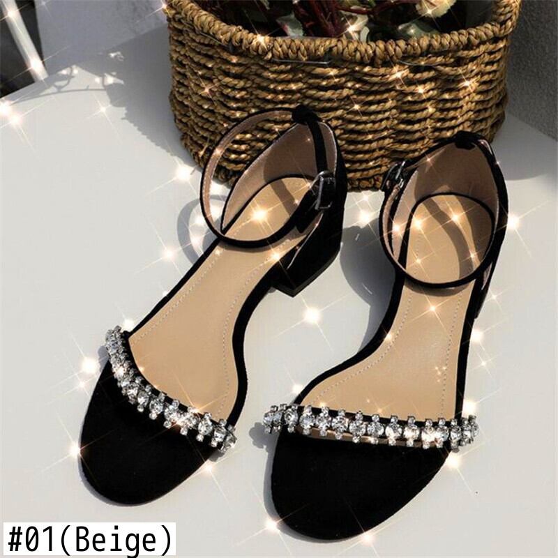【新作】【送料無料】 ラインストーンラウンドトゥウィメンズヒールブラックスリムヒールヒールサマーヒールサンダル 靴 シューズ 夏物 ラウンドトー 10b318973818715
