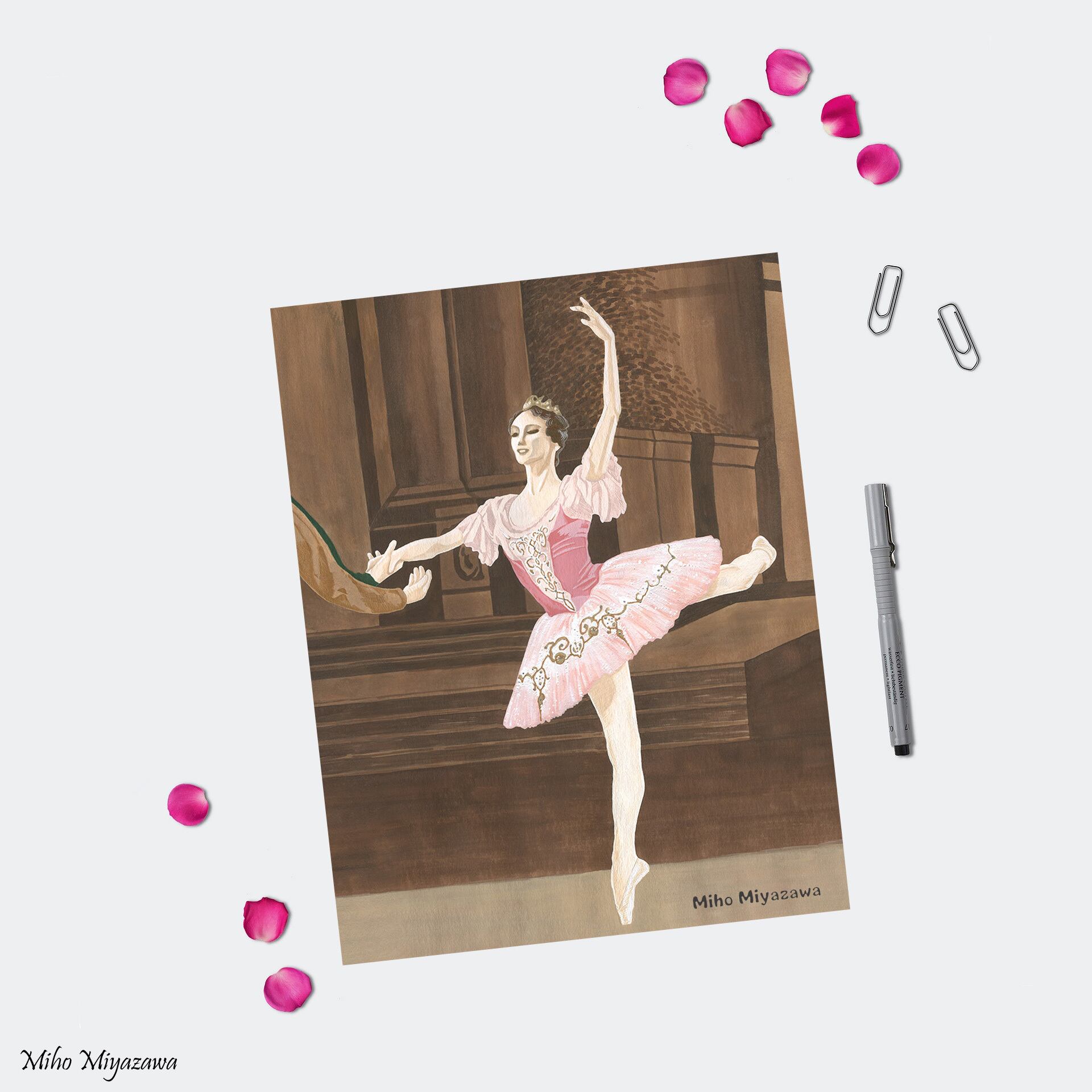 オリジナルイラストポストカード：バレエ・眠れる森の美女～ローズ