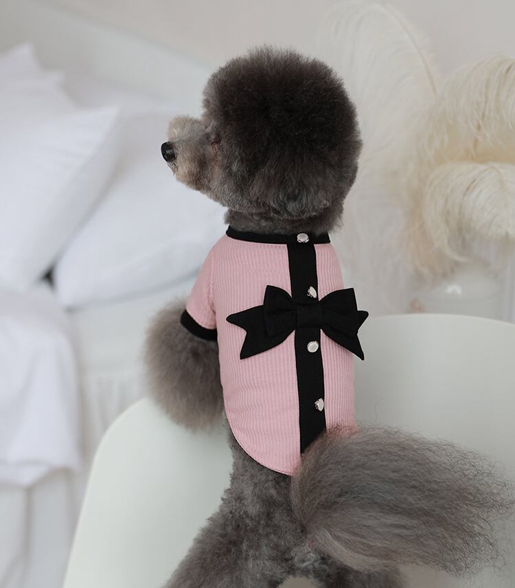 Onz Ribbon Knit T-shirt S ~ XL 4color / 犬服 新作 ニット 可愛い 犬の服 Tシャツ リボン トップス お揃い ドッグウェア b54