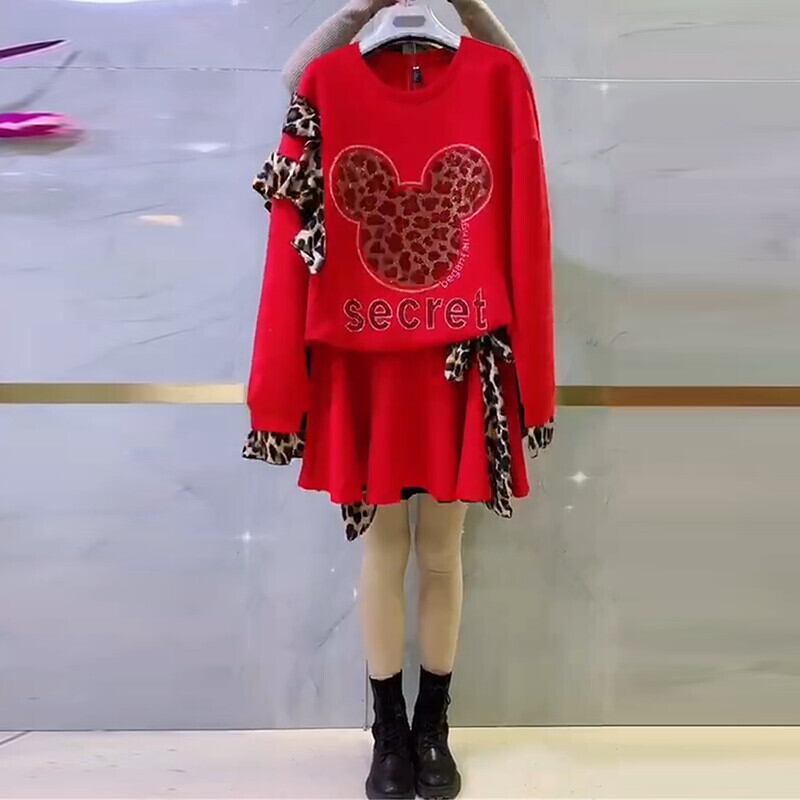 スプリングレオパードプリント柄Tシャツ ショートスカート 大きめサイズ 春物 ミックスインファッション23578127893