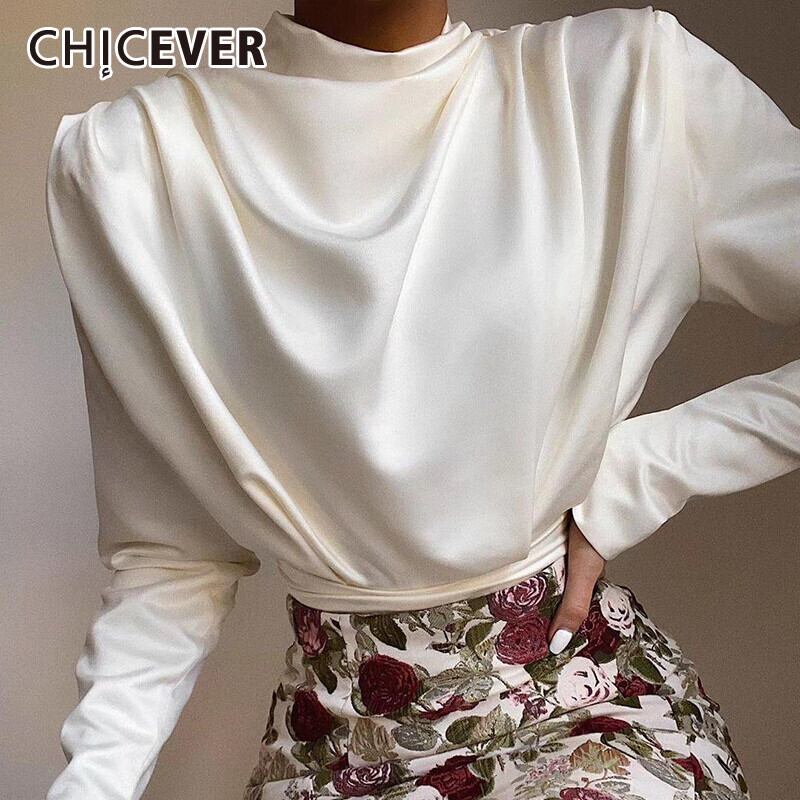 CHICEVERソリッドシャツ女性タートルネック長袖ミニマリズムルーズシャーリングホワイトブラウス2021秋 ロング オータム 秋物 ソリッドカラー 6base536292225366