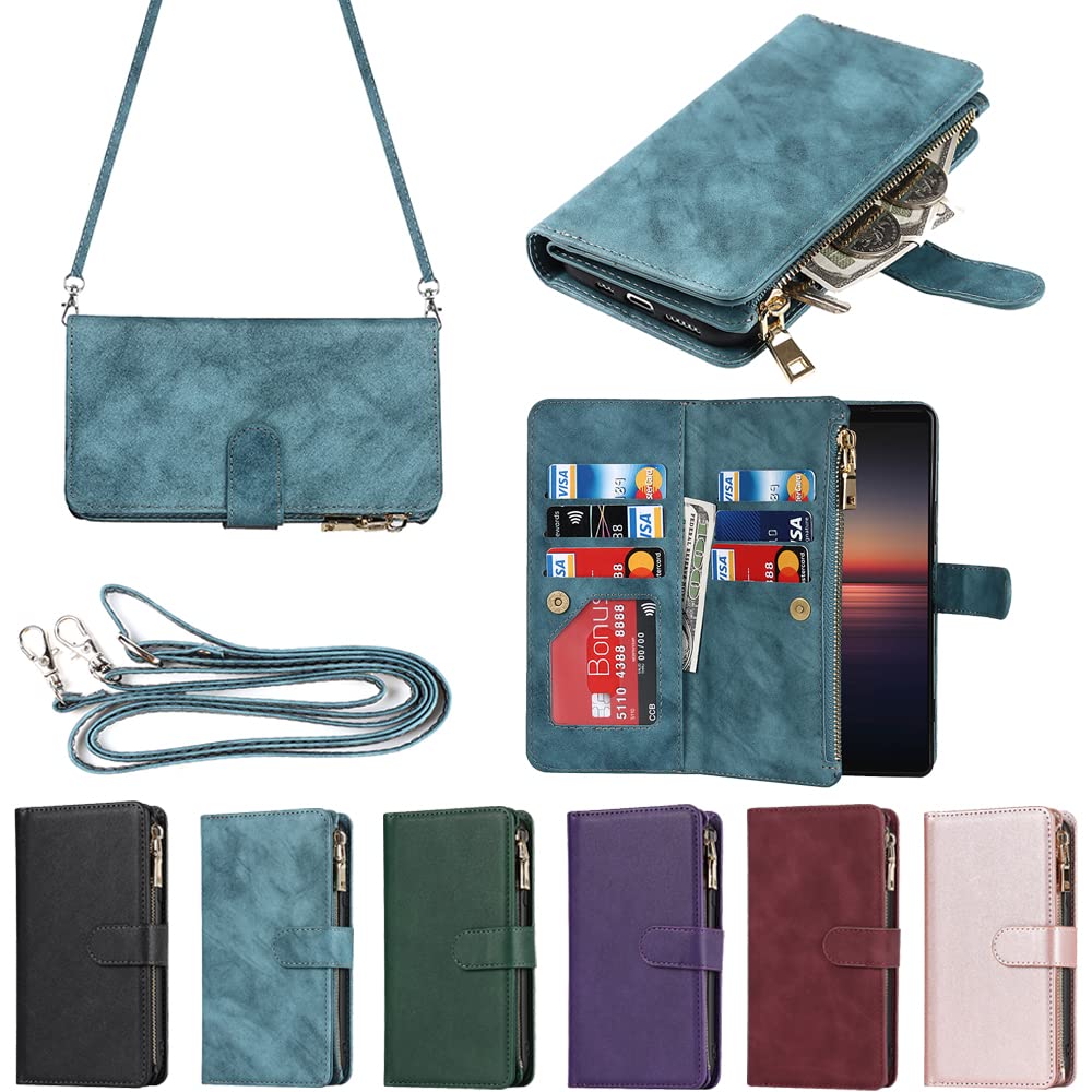 Eastwave for Xperia 1 II ケース for Sony Xperia 1ii SO-51A / SOG01 縄掛けケース 手帳型 財布型 ICカード コインポケット ストラップ付き カード 収納 小銭入れ ファスナーポケット付き PUレザー 6色 ブルー