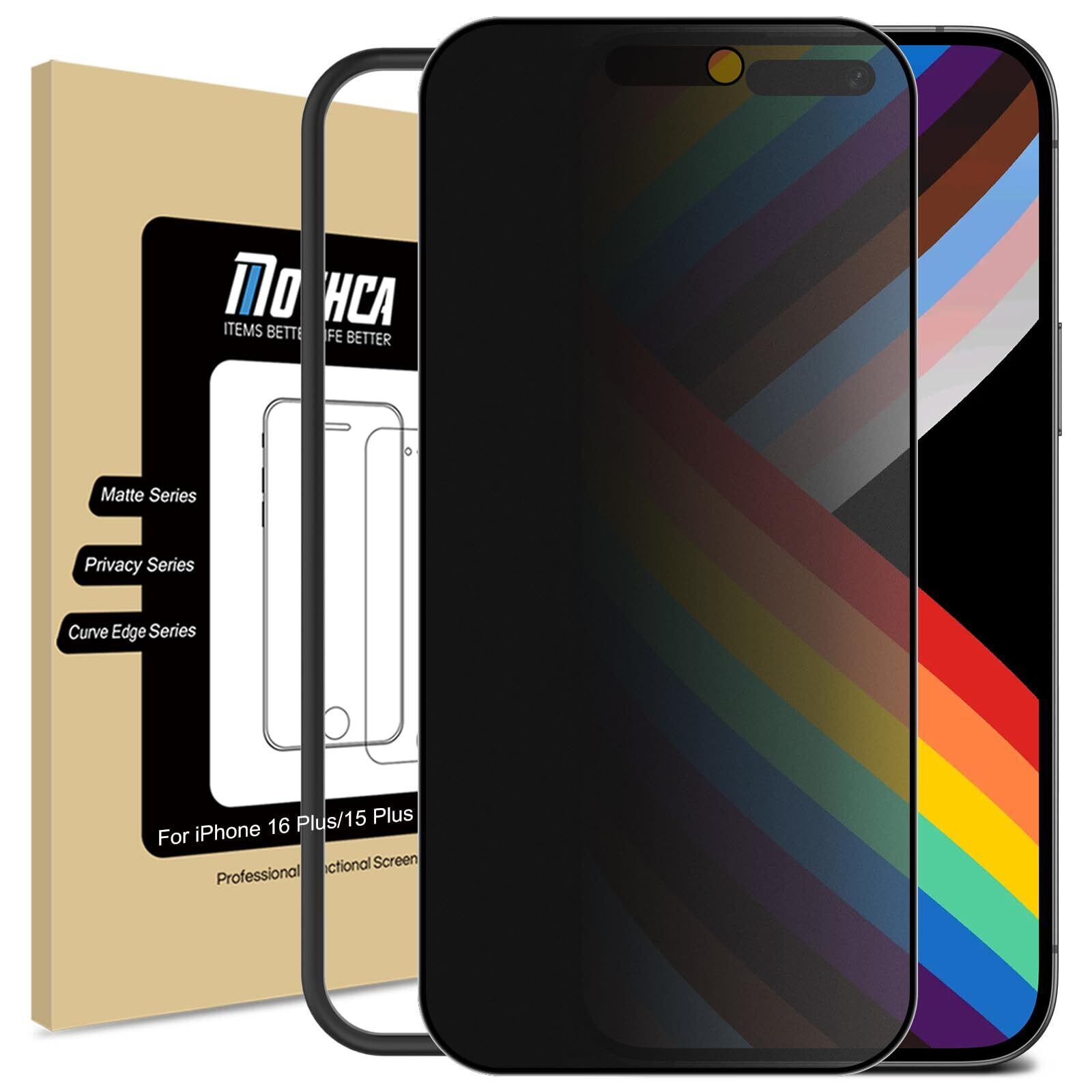 【努力特価】Mothca【アンチグレア&覗き見防止】 iPhone 16 Plus/iPhone 15 Plus対応 ガラスフィルム 液晶保護フィルム のぞき見防止 サラサラ タッチ感 反射防止 指紋防止 硬度9H 飛散防止 キズ防止 衝撃吸収 ガイド枠付き 貼り付け簡単 撥油性 疎水性