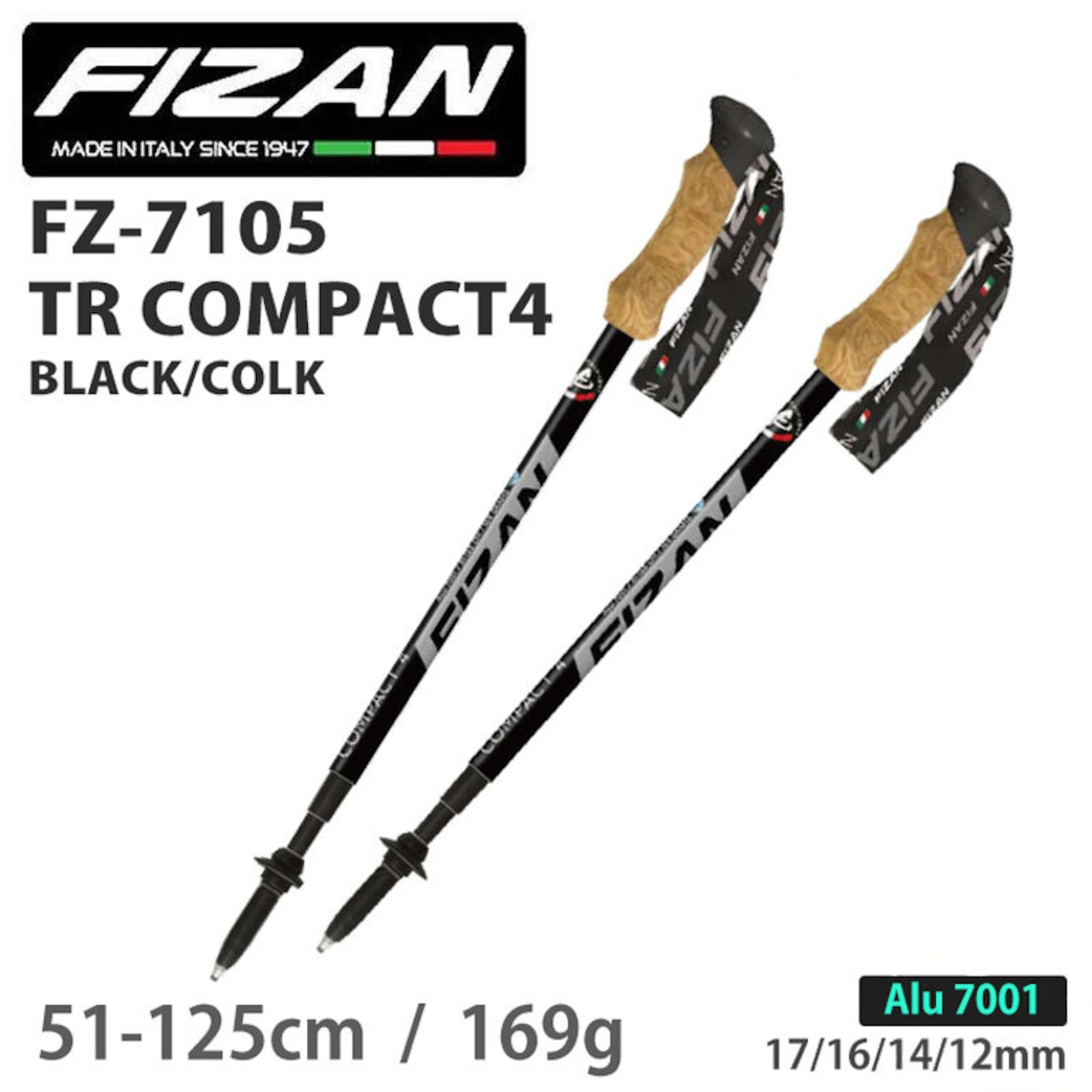 FIZAN フィザン 軽量 可変4段 トレッキングポール51-125cm TR COMPACT4 Black/COLK コンパクト4 ブラック