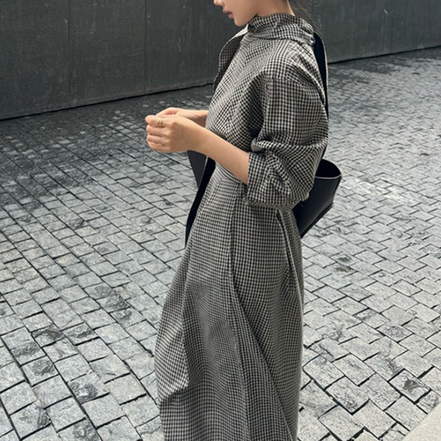 【グレンチェック柄ハイネックミモレ丈ワンピース】P01276