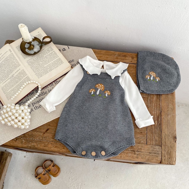 ,ベビー女の子100％綿きのこニットサロペットロンパース　ボンネット付き　かわいい秋冬服　ダークグレー　lwb0144