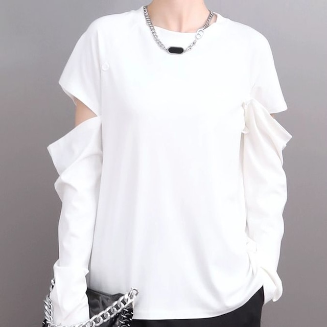 SOLID ROUND NECK RIPPED LONG SLEEVES DESIGN TOP 2colors M-8949
