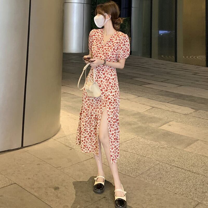 Vネックスリーブフローラルドレス サマーロングスカート 夏物 花柄 試着室53945380755