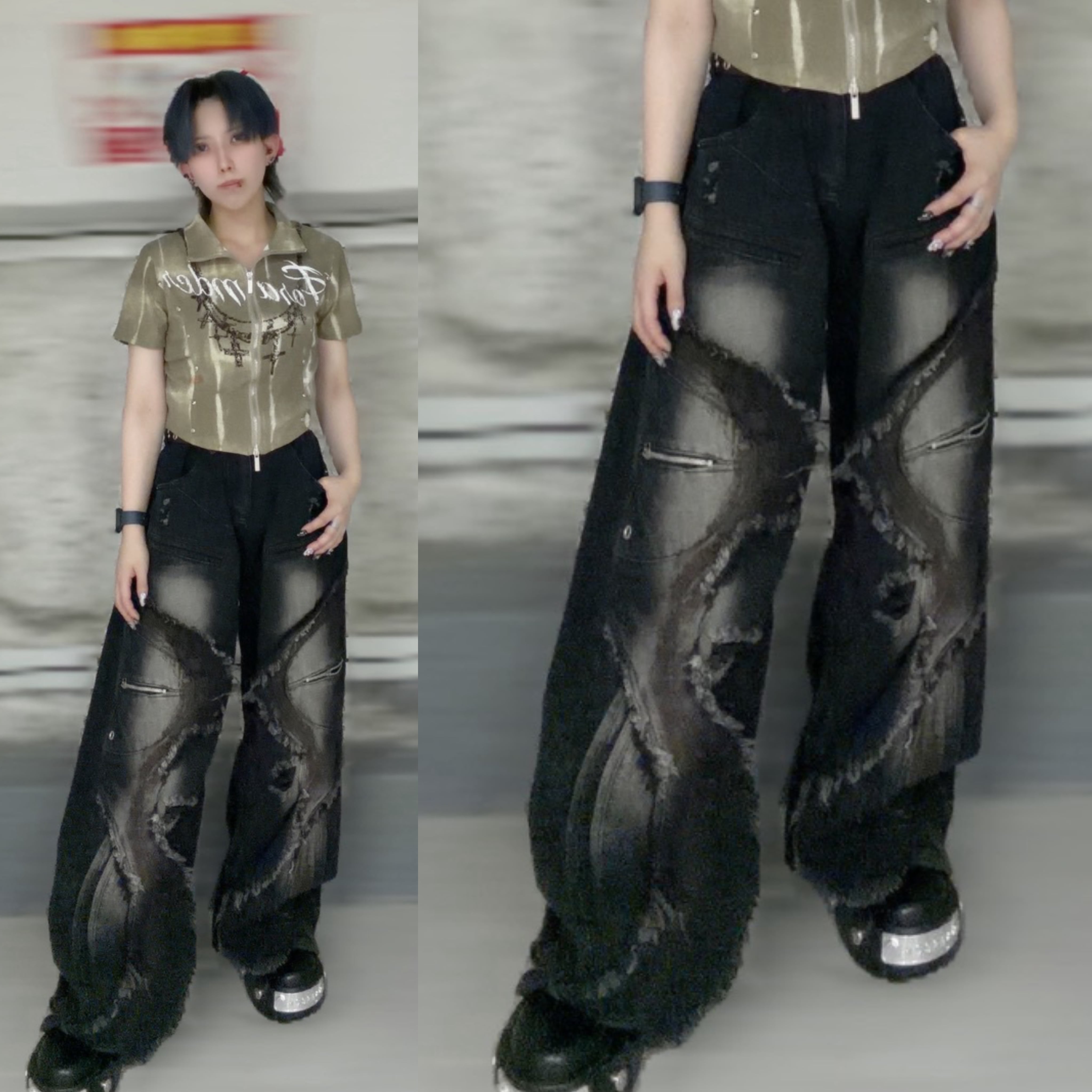 DARKRTPTS ワックス加工 ストレートデニムパンツ y2k opium フリンジカーブデニムパンツ | 韓国系ユニセックスTHICC サブカル系PSYNYXX