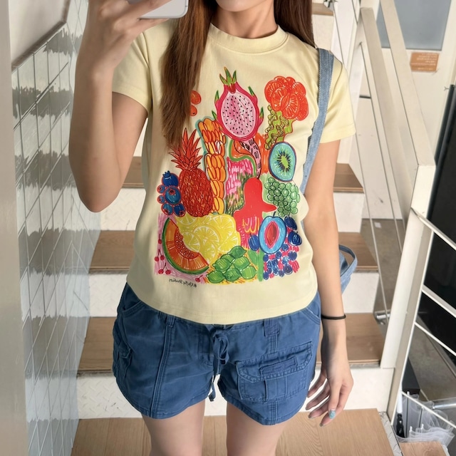 フルーツアートプリントコンパクトフォルムTシャツ 2col R02473