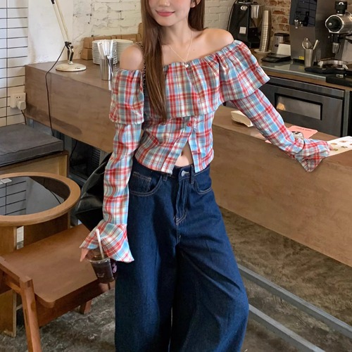 フリルオフショルチェックブラウス ・75978