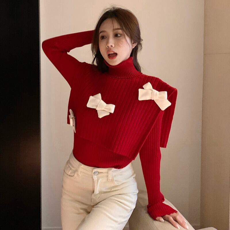 リボンセーター スプリングスタイルスタンダードレッドトップス レトロ 春物 YY-ファッション56274867121