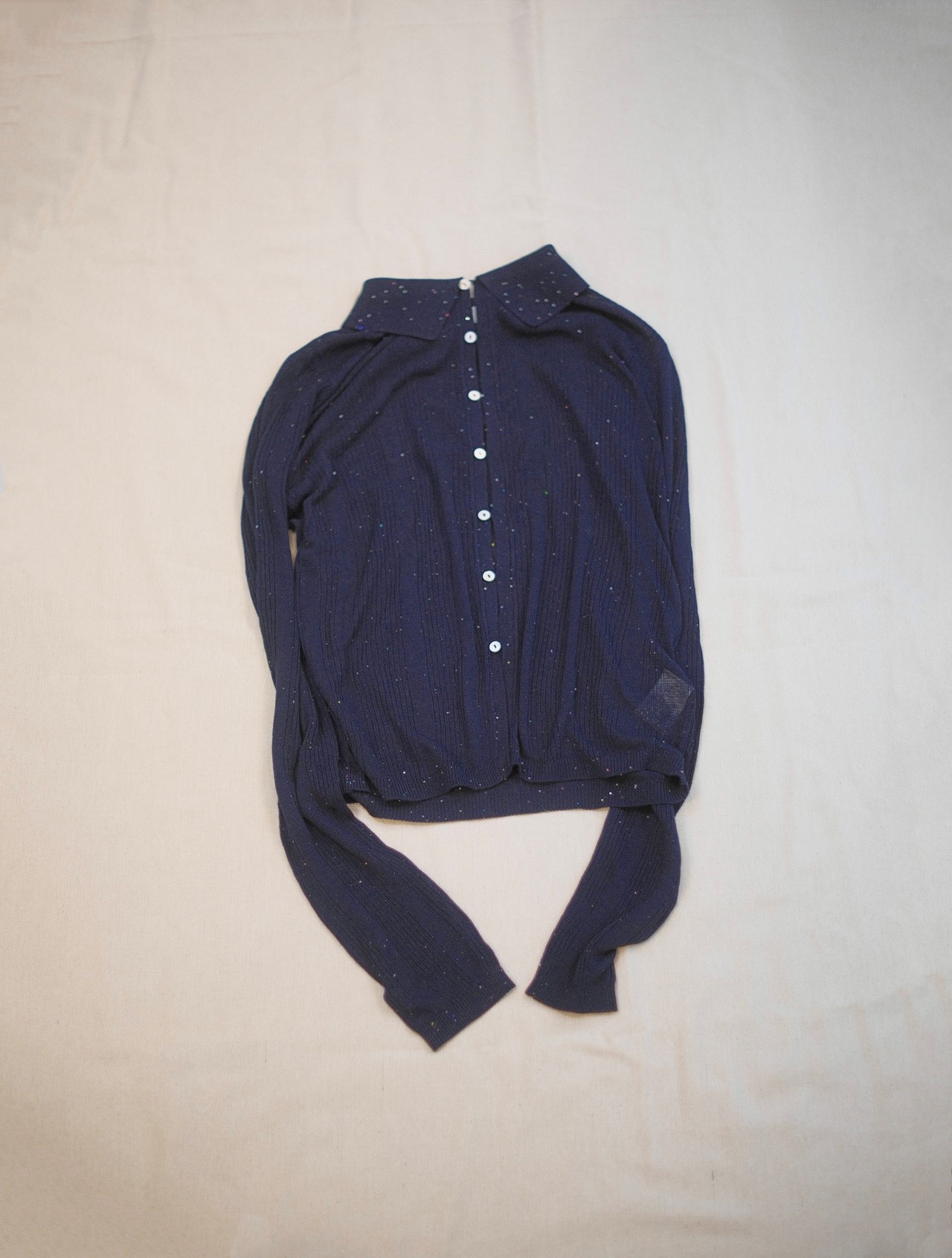 Random Rib Sequin Sheer Polo Knit Shirts / NAVY - 1
