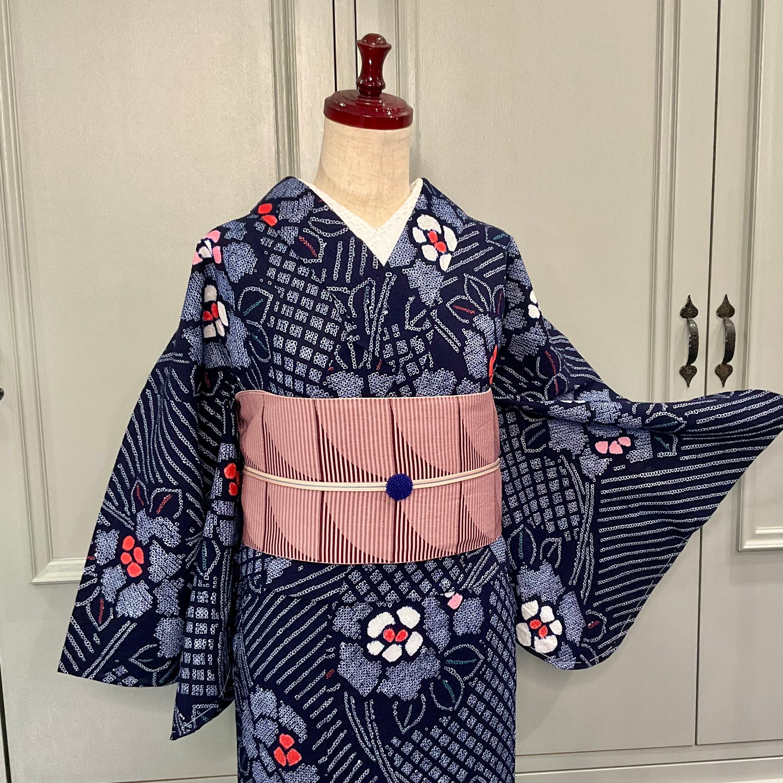 宵の花灯り＊総絞り バラ 花 フラワー 濃紺 紺 ネイビー レッド