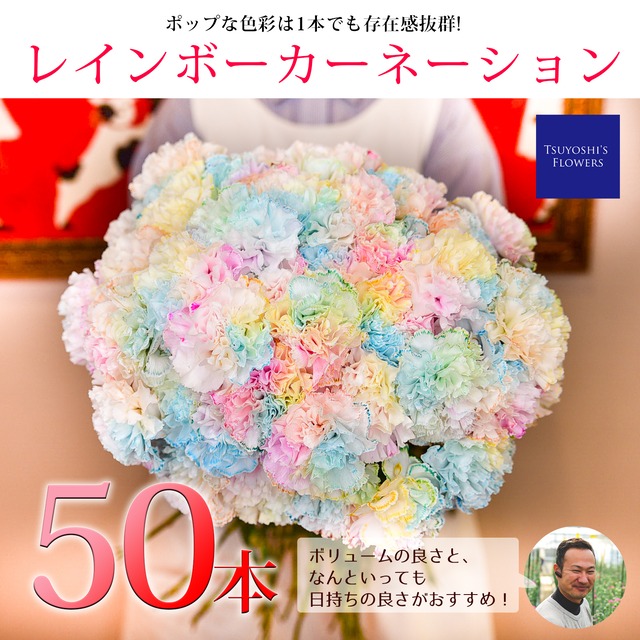 先行予約 大人気レインボーカーネーション 50本セット Tsuyoshi S Flowers