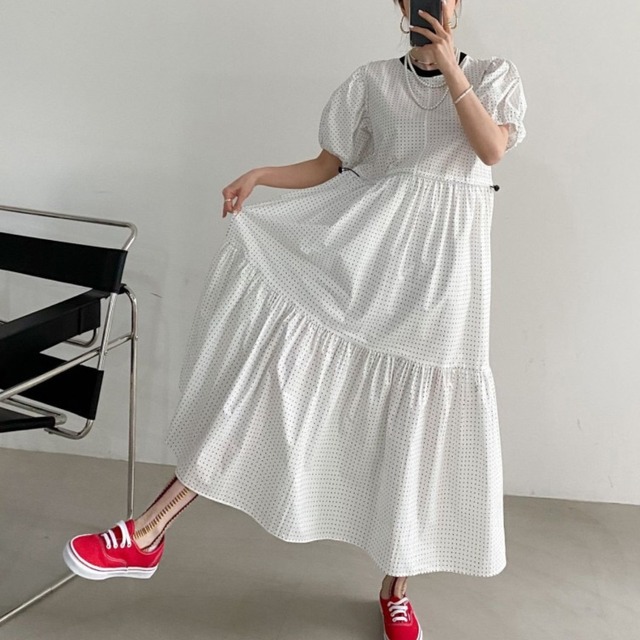 ドット パフスリーブ ロングワンピース 0364m