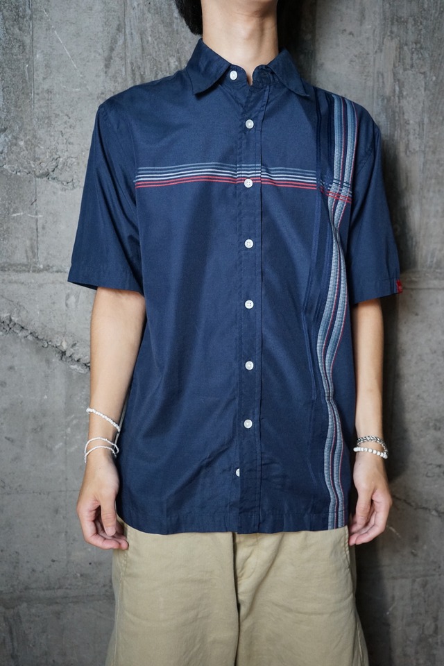 West50 Navy Vertical Stripe Panel Short Sleeve Design Shirt