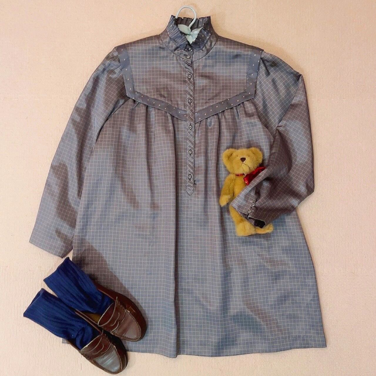 blue gray check long blouse