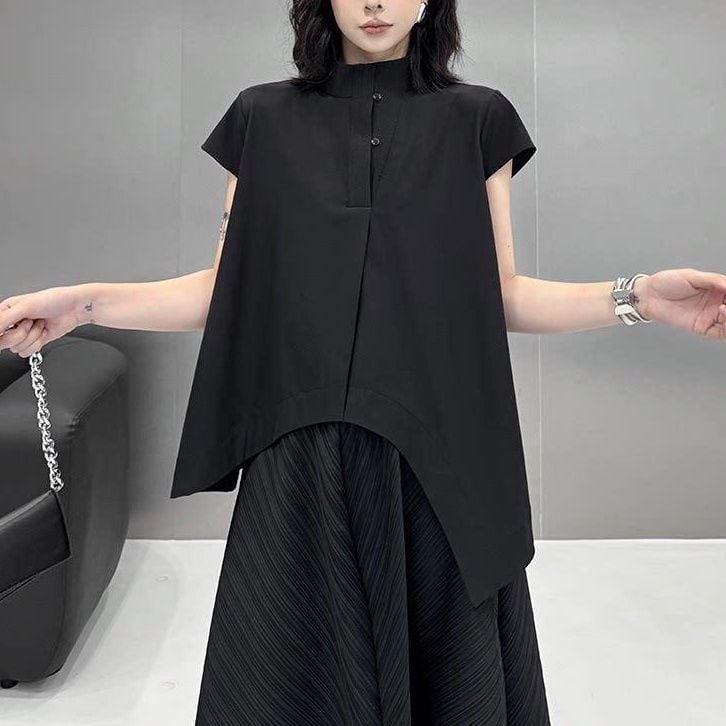 ASYMMETRIC STAND COLLAR SHORT SLEEVE LOOSE TOP M-17166