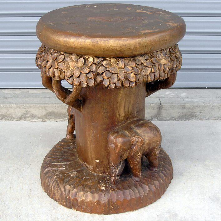木彫り アンティーク 象 椅子、机セット - 置物