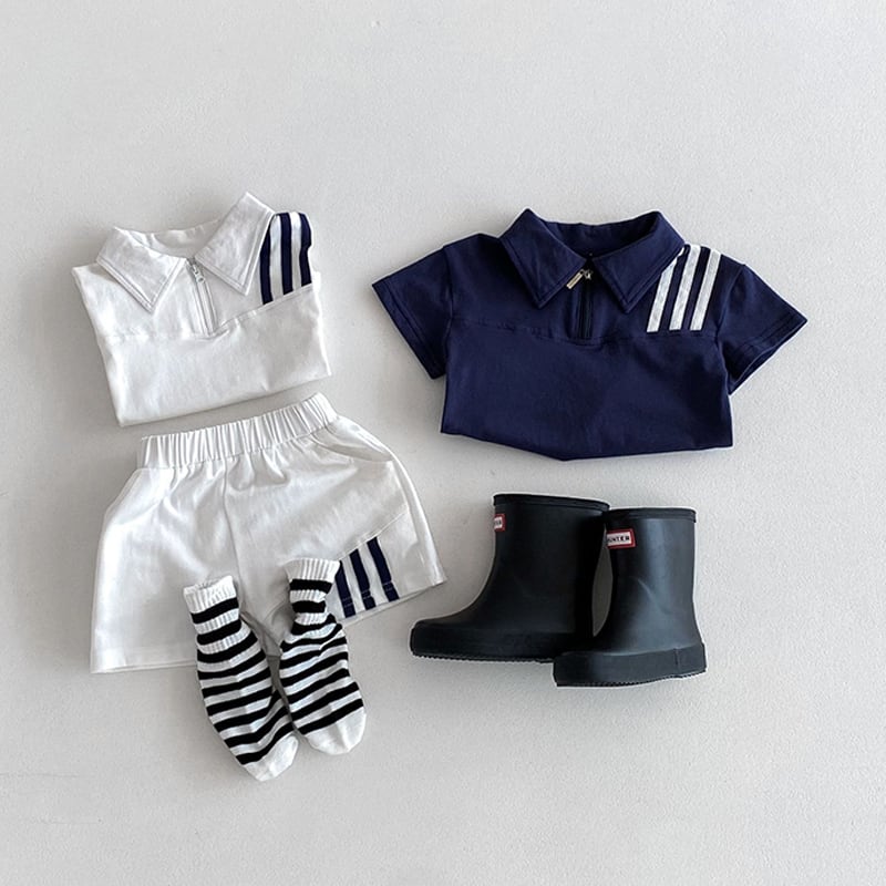 mirror9 ネイビー/ホワイト ポロシャツとショートパンツセット BABY&KID】夏作ストライプ柄半袖ポロシャツショーツセット | 韓国子供