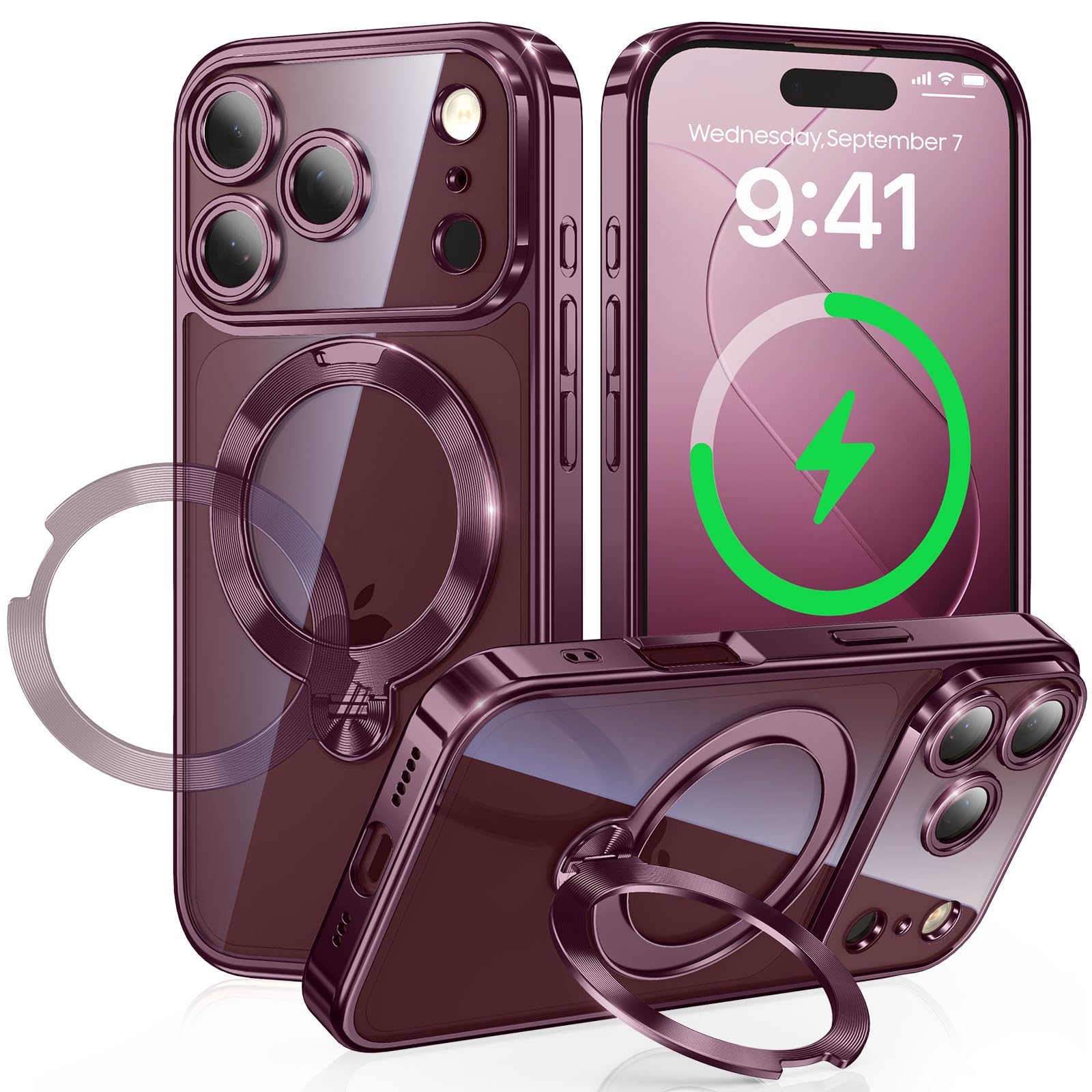 Gunwon iPhone 18 Pro/17 Pro 用 ケース MagSafe対応 CD紋様360°定点回転スタンド メッキバンパー・バーガンディ