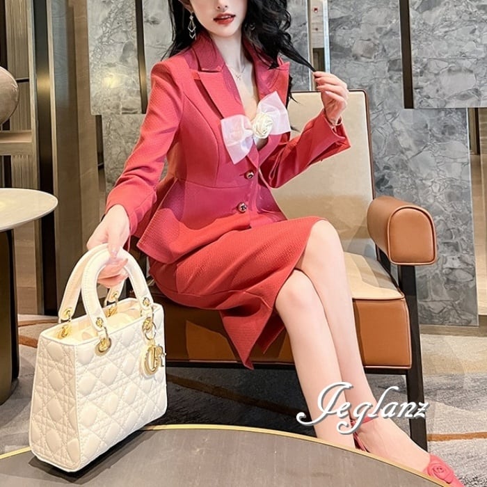 セットアップ 2点 ペプラム ジャケット リボン付き キャミワンピース(M6268)ζ