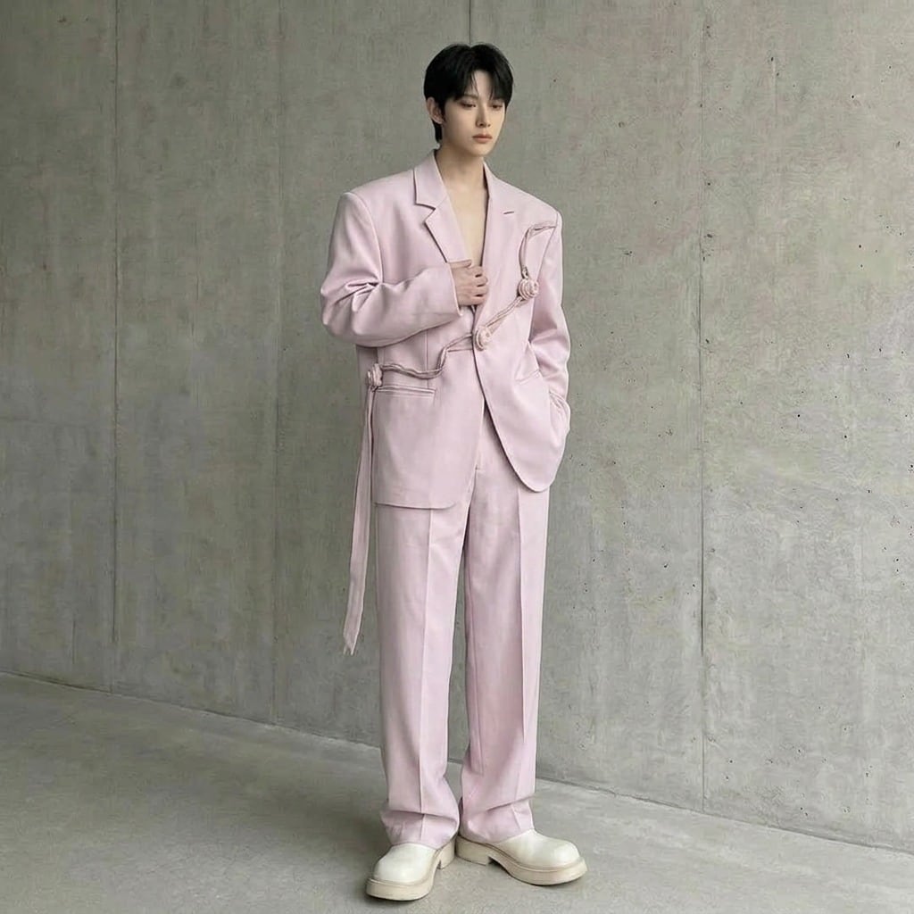 リボンコサージュアクセント オーバーサイズスーツセットアップ 2カラー D12258