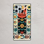 受注生産 iPhoneケース 赤い猫と花のサイケ民芸柄｜猫モチーフ PSYF003D