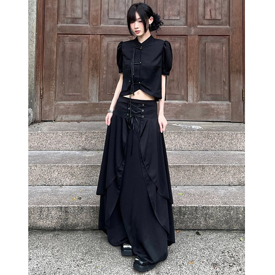 サブカル 服 地雷系 通販 ファッション 女子 ワイドパンツ レースアップリボン 巻きデザイン 袴 チャイナ風 中華 レトロ 闇かわいい ストリート系