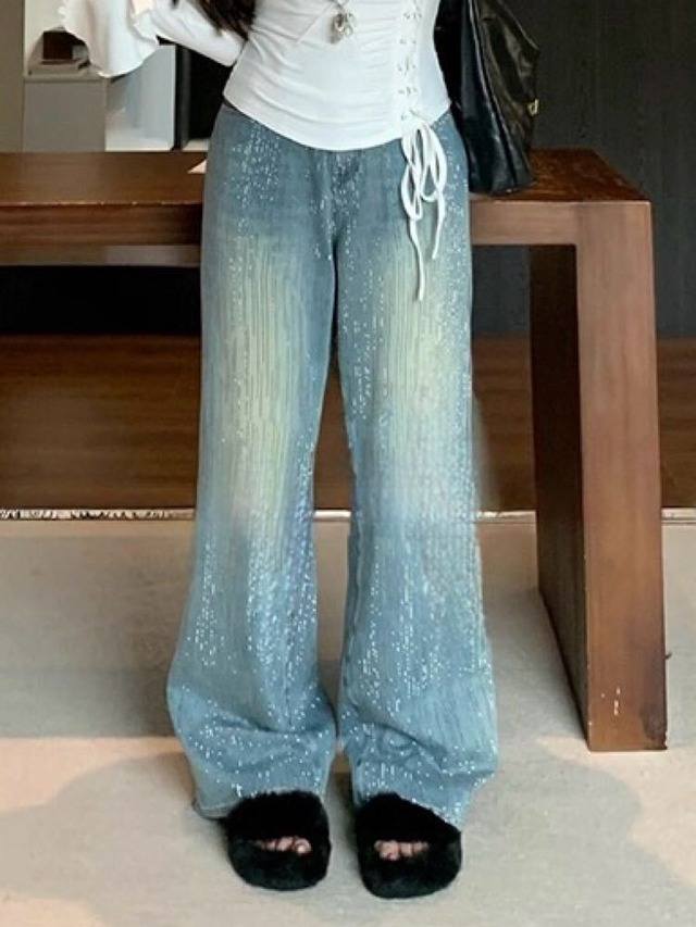 視線集める本命ボトムス ビジューデニムパンツ 大人可愛い おしゃれ ビジュー カジュアル 着映え 細見え スタイルアップ 美脚 脚長 大きいサイズ 韓国 CH11490