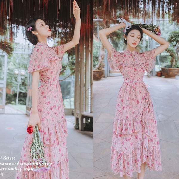 花柄ピンクロングワンピース 半袖